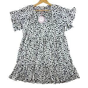 Umgee USA Mini Dress White Black Spotted NWT Print Ruffle Sleeve Tiered BOHO S